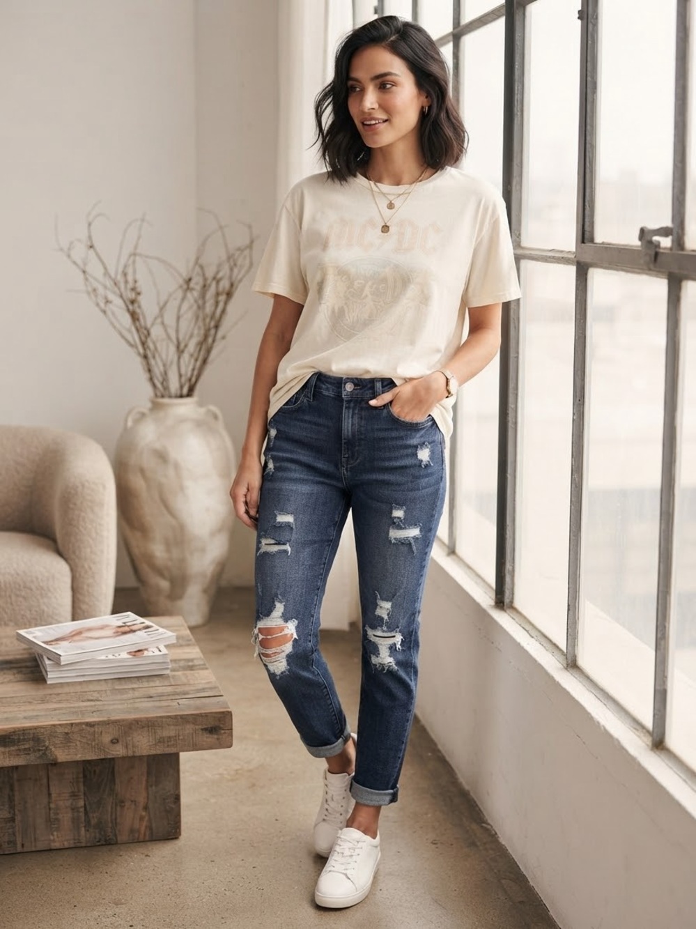 Wax Jean Dark Blue Distressed Boyfriend Jeans